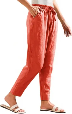 Womens Linen Pants Straight Leg Elastic Drawstring Casual Trousers with Pockets Summer Beach Lounge Pants