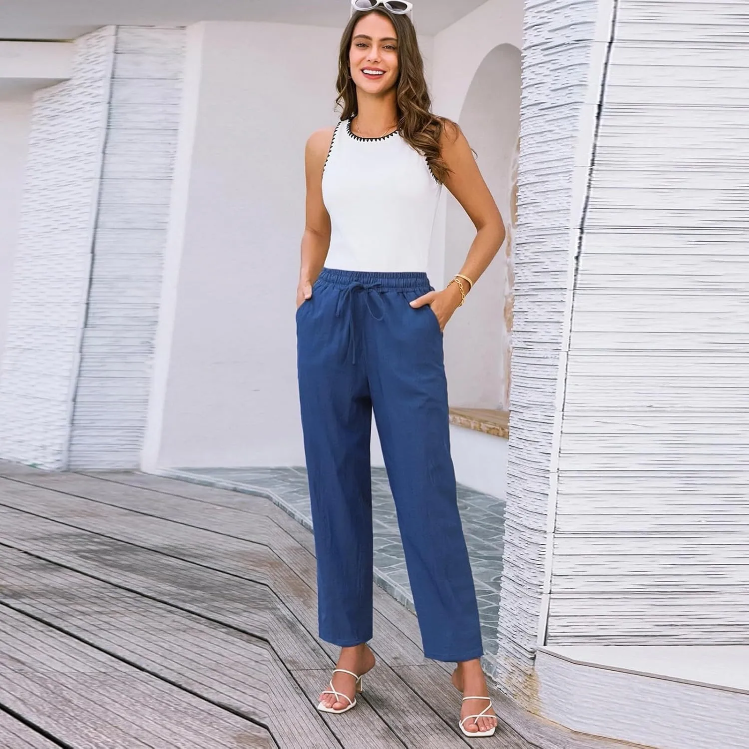 Womens Linen Pants Straight Leg Elastic Drawstring Casual Trousers with Pockets Summer Beach Lounge Pants