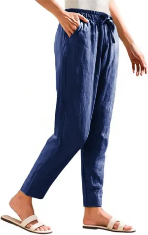 Womens Linen Pants Straight Leg Elastic Drawstring Casual Trousers with Pockets Summer Beach Lounge Pants