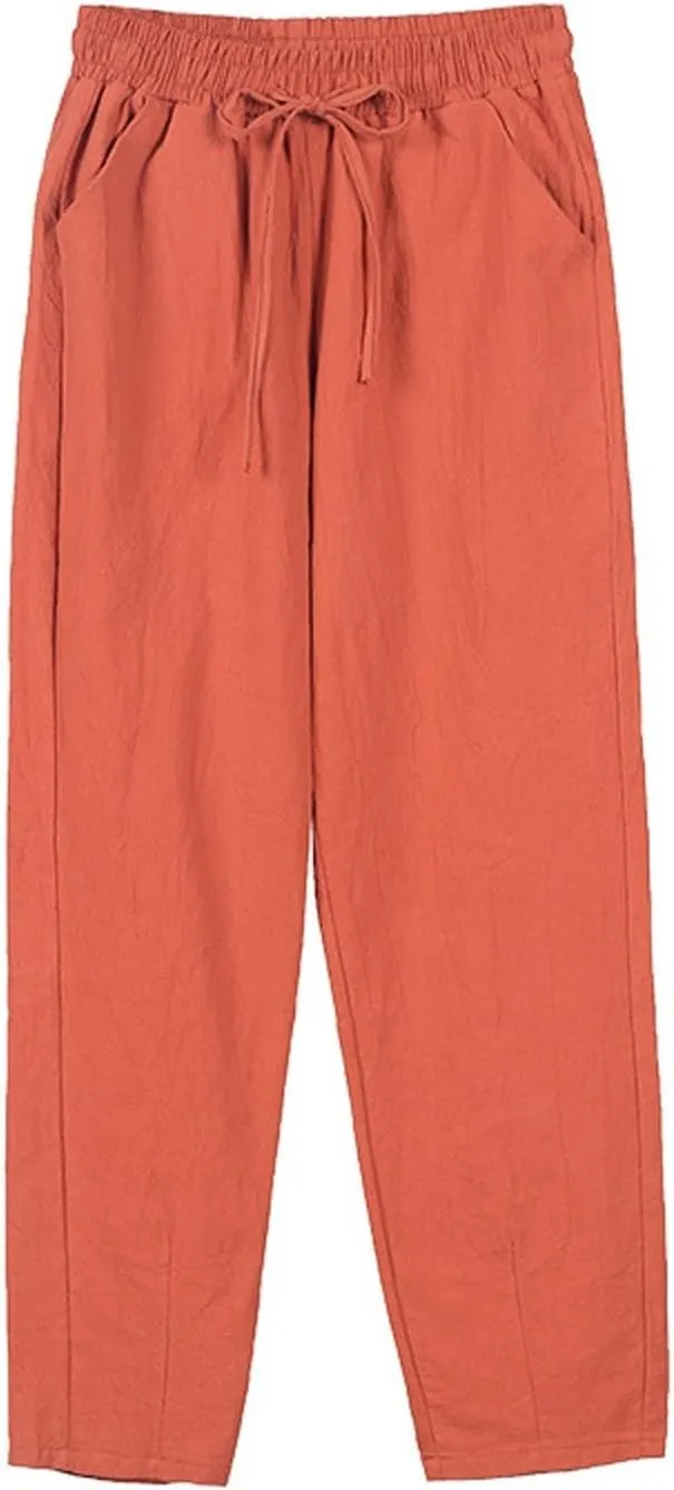 Womens Linen Pants Straight Leg Elastic Drawstring Casual Trousers with Pockets Summer Beach Lounge Pants