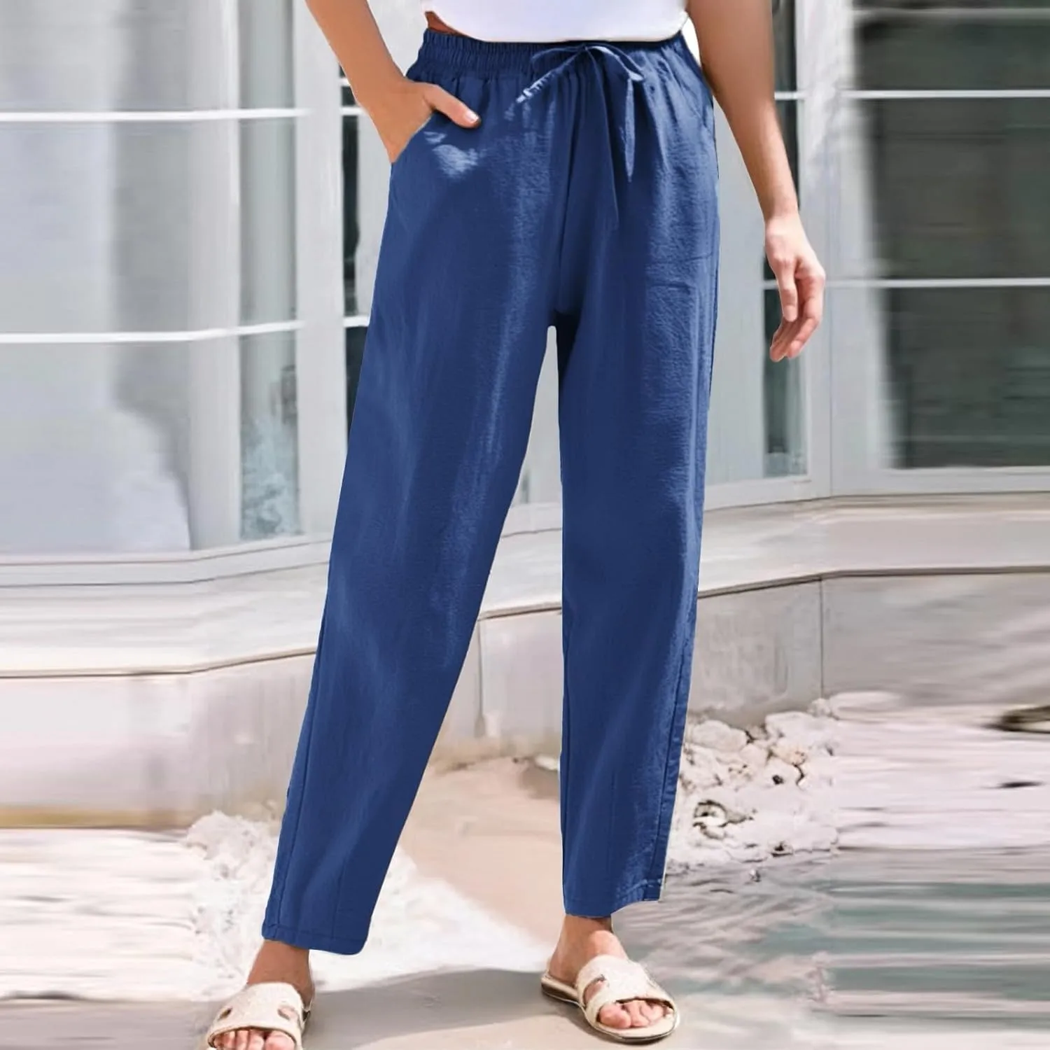 Womens Linen Pants Straight Leg Elastic Drawstring Casual Trousers with Pockets Summer Beach Lounge Pants