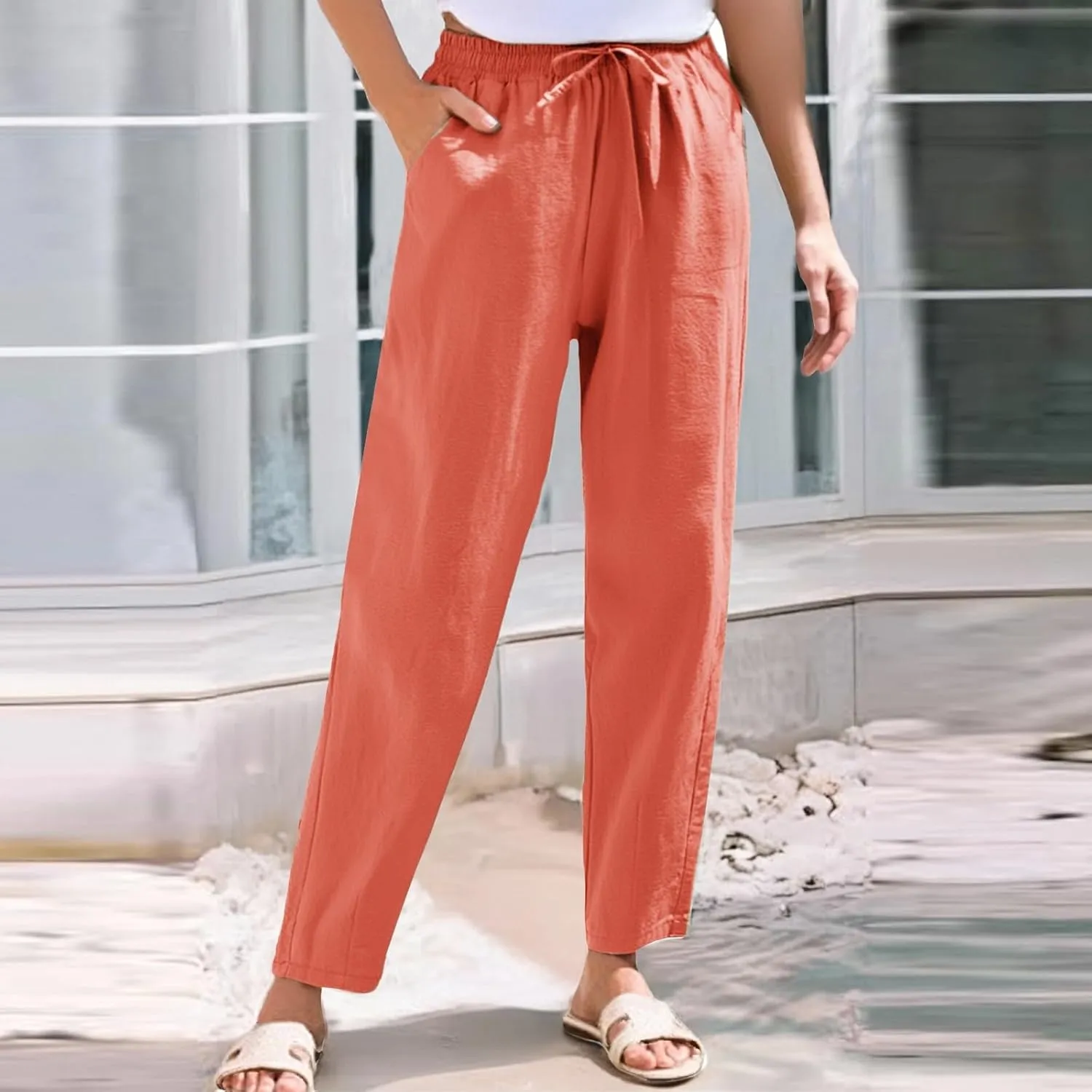 Womens Linen Pants Straight Leg Elastic Drawstring Casual Trousers with Pockets Summer Beach Lounge Pants