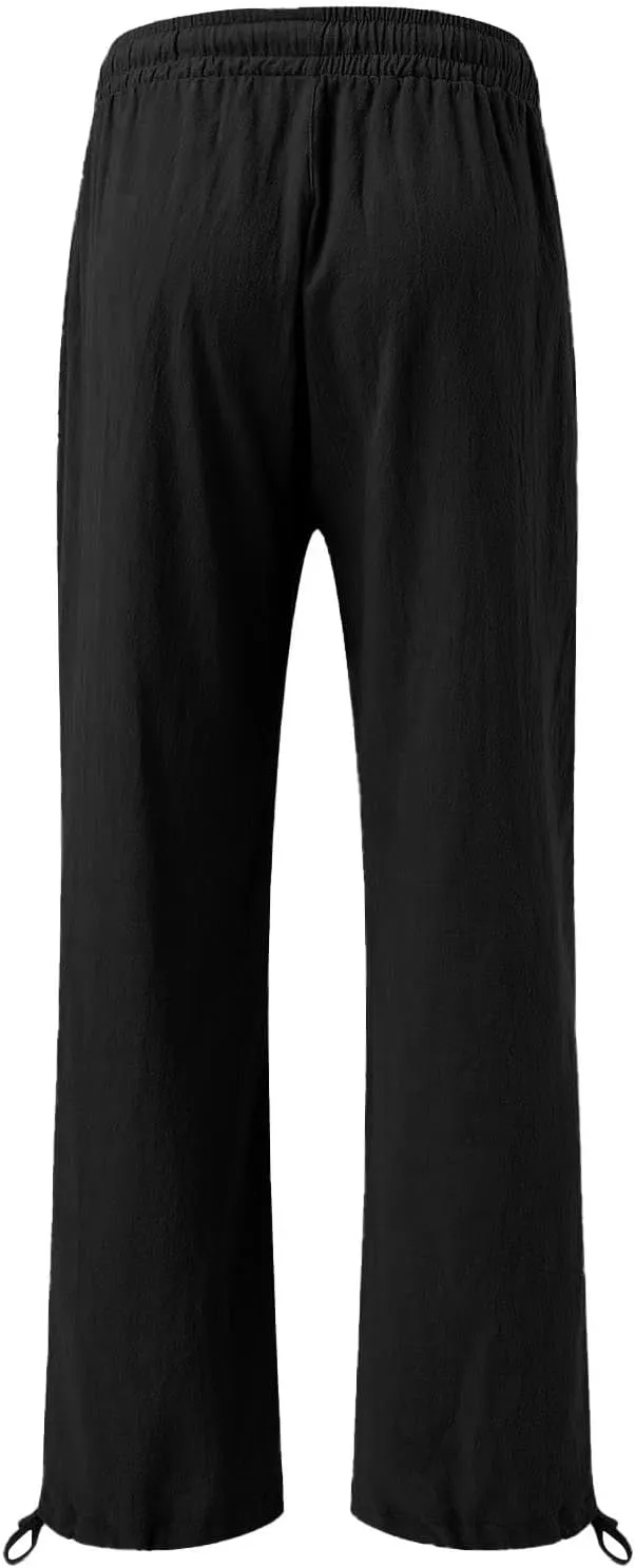Womens Linen Pants Summer Casual Wide Leg Palazzo Pants Smocked High Waist Flowy Beach Trousers Outfits