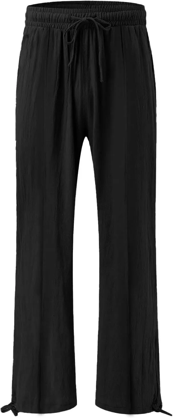 Womens Linen Pants Summer Casual Wide Leg Palazzo Pants Smocked High Waist Flowy Beach Trousers Outfits