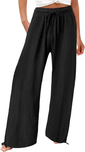 Womens Linen Pants Summer Casual Wide Leg Palazzo Pants Smocked High Waist Flowy Beach Trousers Outfits