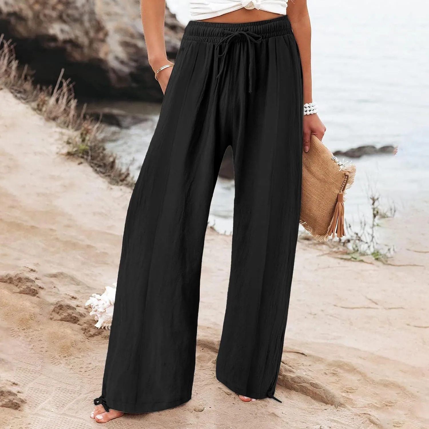 Womens Linen Pants Summer Casual Wide Leg Palazzo Pants Smocked High Waist Flowy Beach Trousers Outfits