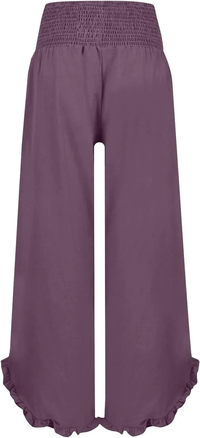 WomenS Linen Wide Leg Pants Flowy Smocked Waist Ruffle Hem Lightweight Summer Beach Vacation Trousers with Pockets