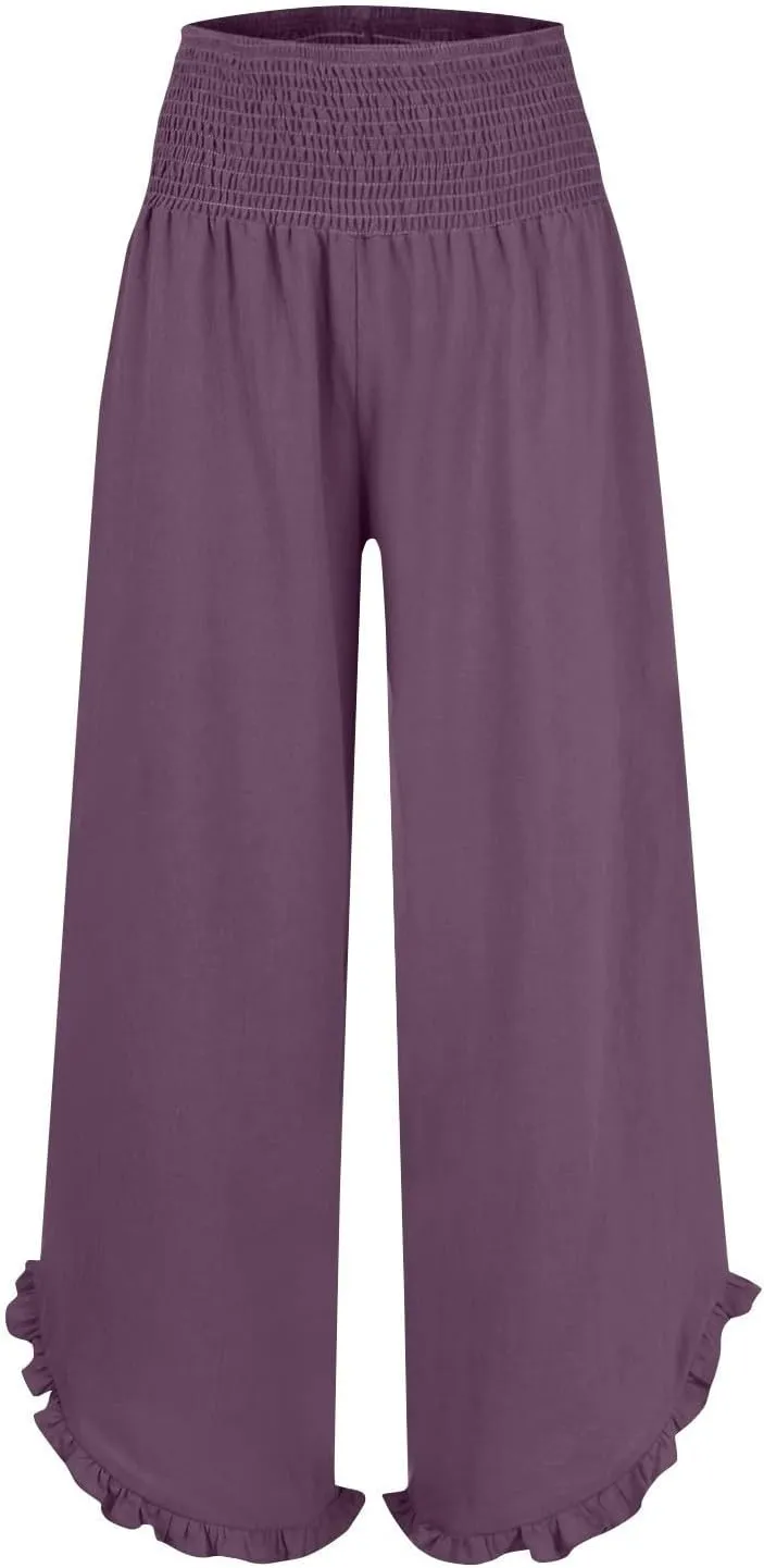WomenS Linen Wide Leg Pants Flowy Smocked Waist Ruffle Hem Lightweight Summer Beach Vacation Trousers with Pockets