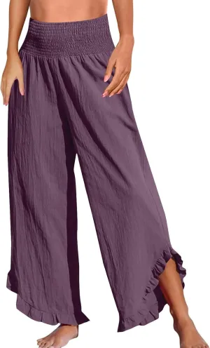 WomenS Linen Wide Leg Pants Flowy Smocked Waist Ruffle Hem Lightweight Summer Beach Vacation Trousers with Pockets