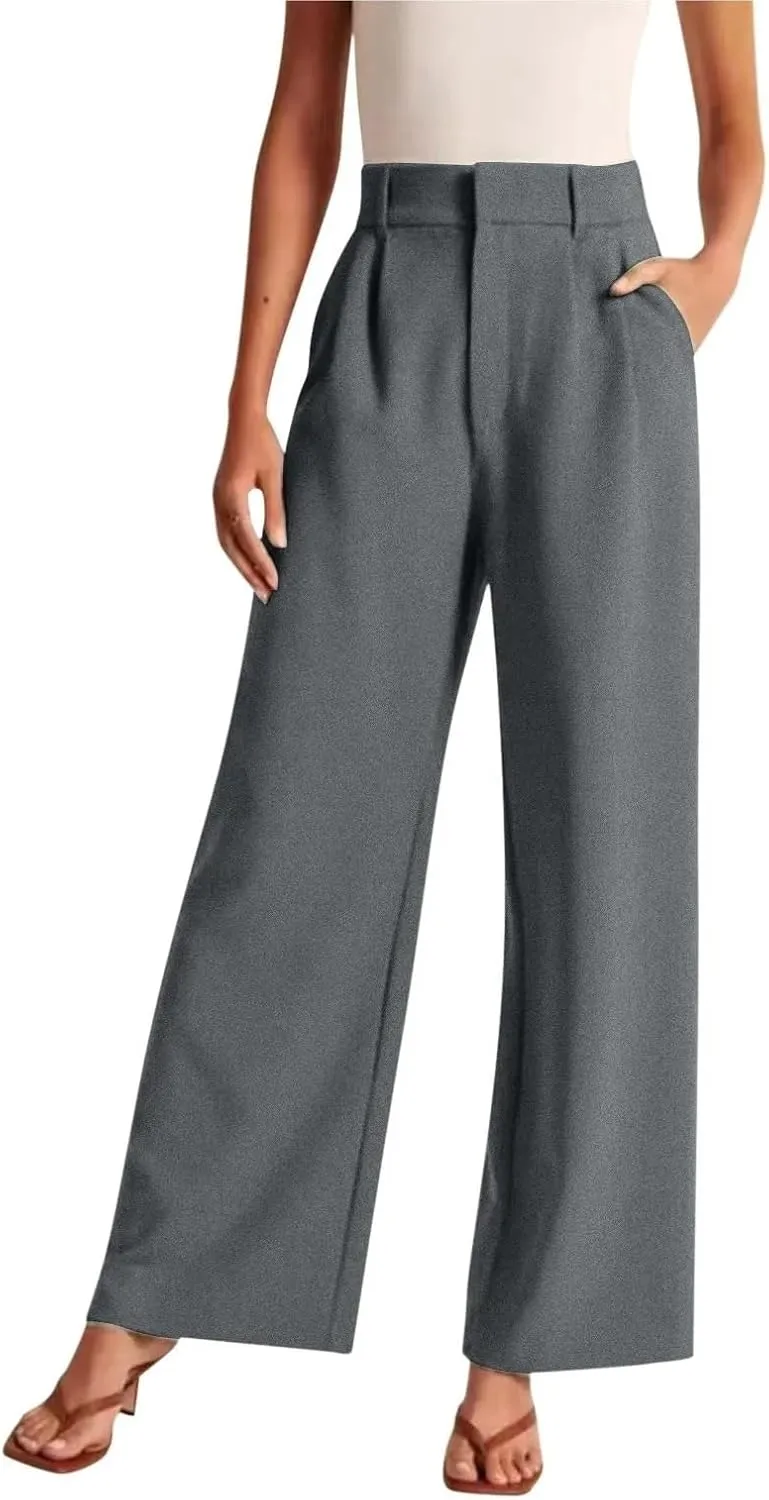 Women's Linen Wide Leg Pants High Waist Work Business Trousers Casual Long Suit Office Straight Pants