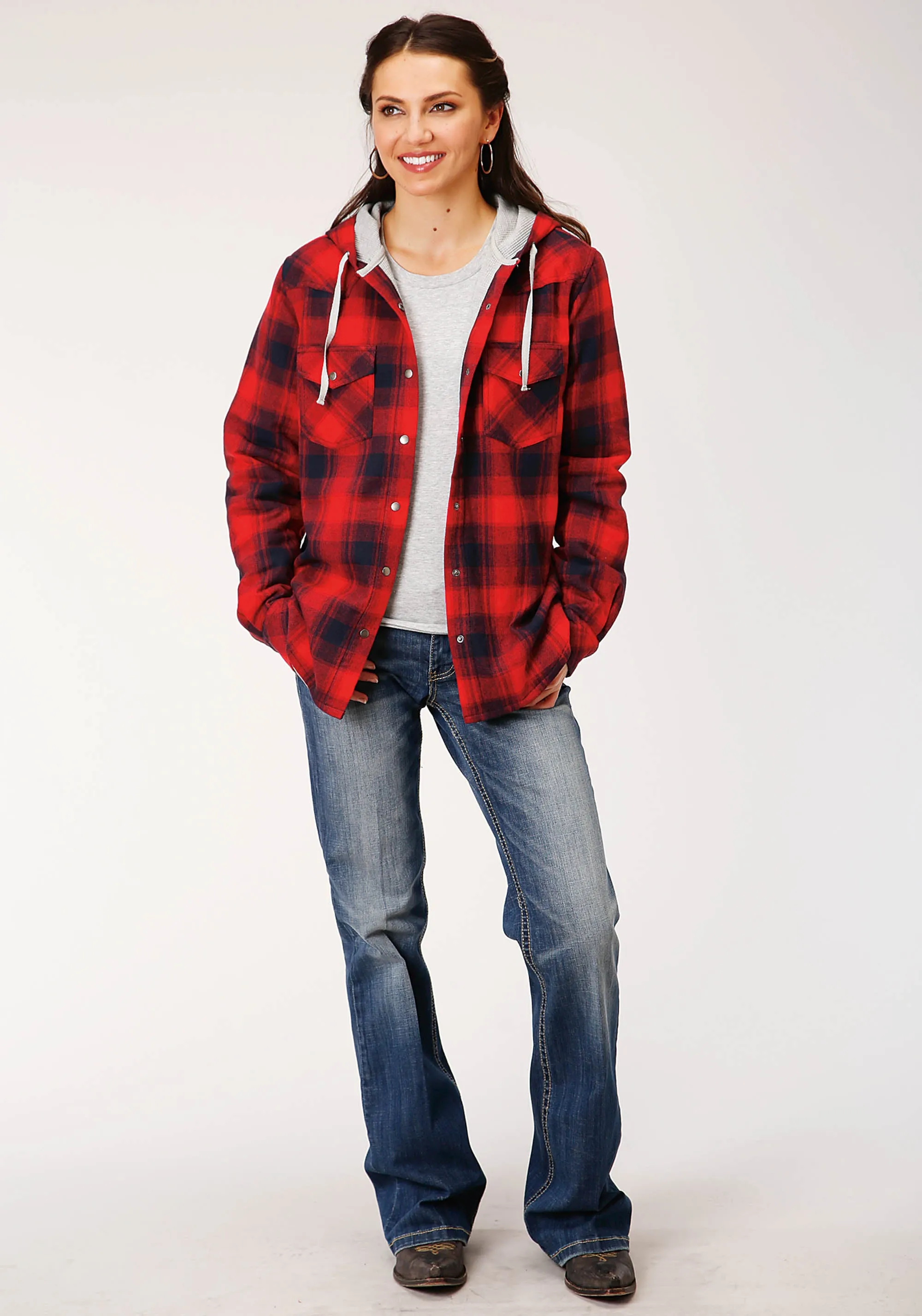 WOMENS LONG SLEEVE SNAP THERMAL LINED FLANNEL SHIRT JACKET