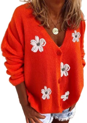 Women's Oversized Cute Daisy Flower Cardigan Sweater Aesthetic Button Down Open Front Knitted Sweaters