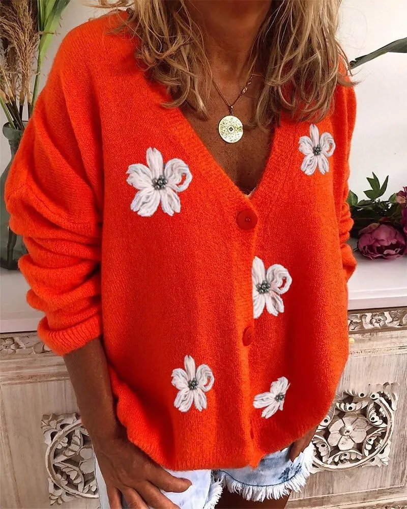 Women's Oversized Cute Daisy Flower Cardigan Sweater Aesthetic Button Down Open Front Knitted Sweaters