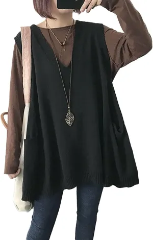 Women's Oversized Sweater Vest Fall V Neck Sleeveless Pullover Sweater Loose Knitted Tunic Tops with Pockets