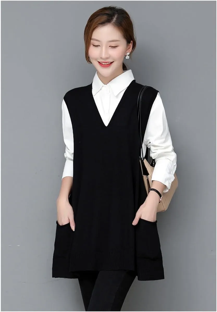 Women's Oversized Sweater Vest Fall V Neck Sleeveless Pullover Sweater Loose Knitted Tunic Tops with Pockets