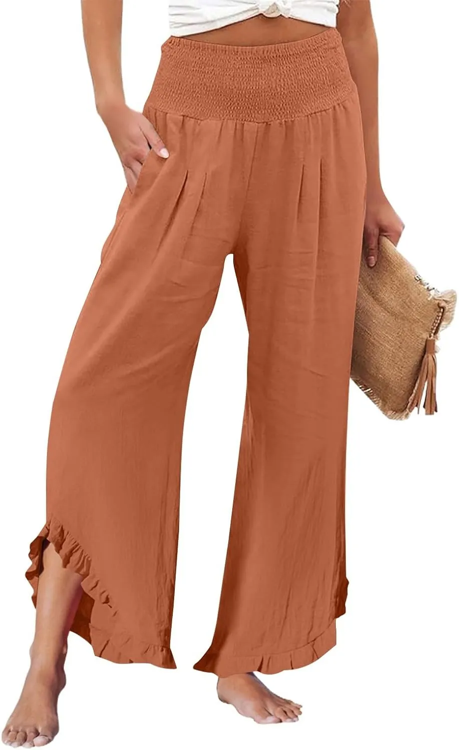 Womens Palazzo Linen Pants Casual Smocked High Waisted Ruffle Hem Wide Leg Pants Summer Loose Beach Pant with Pockets