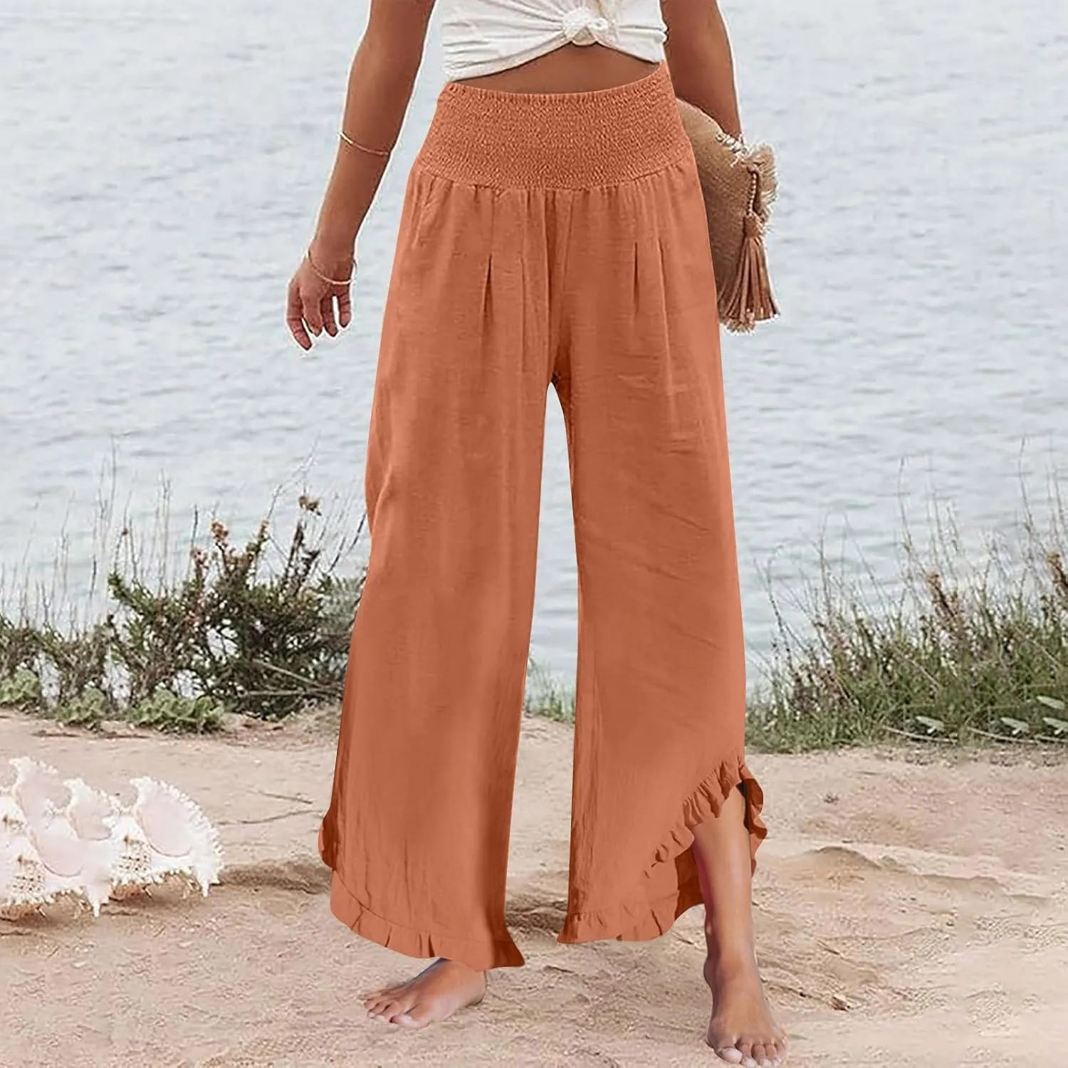 Womens Palazzo Linen Pants Casual Smocked High Waisted Ruffle Hem Wide Leg Pants Summer Loose Beach Pant with Pockets