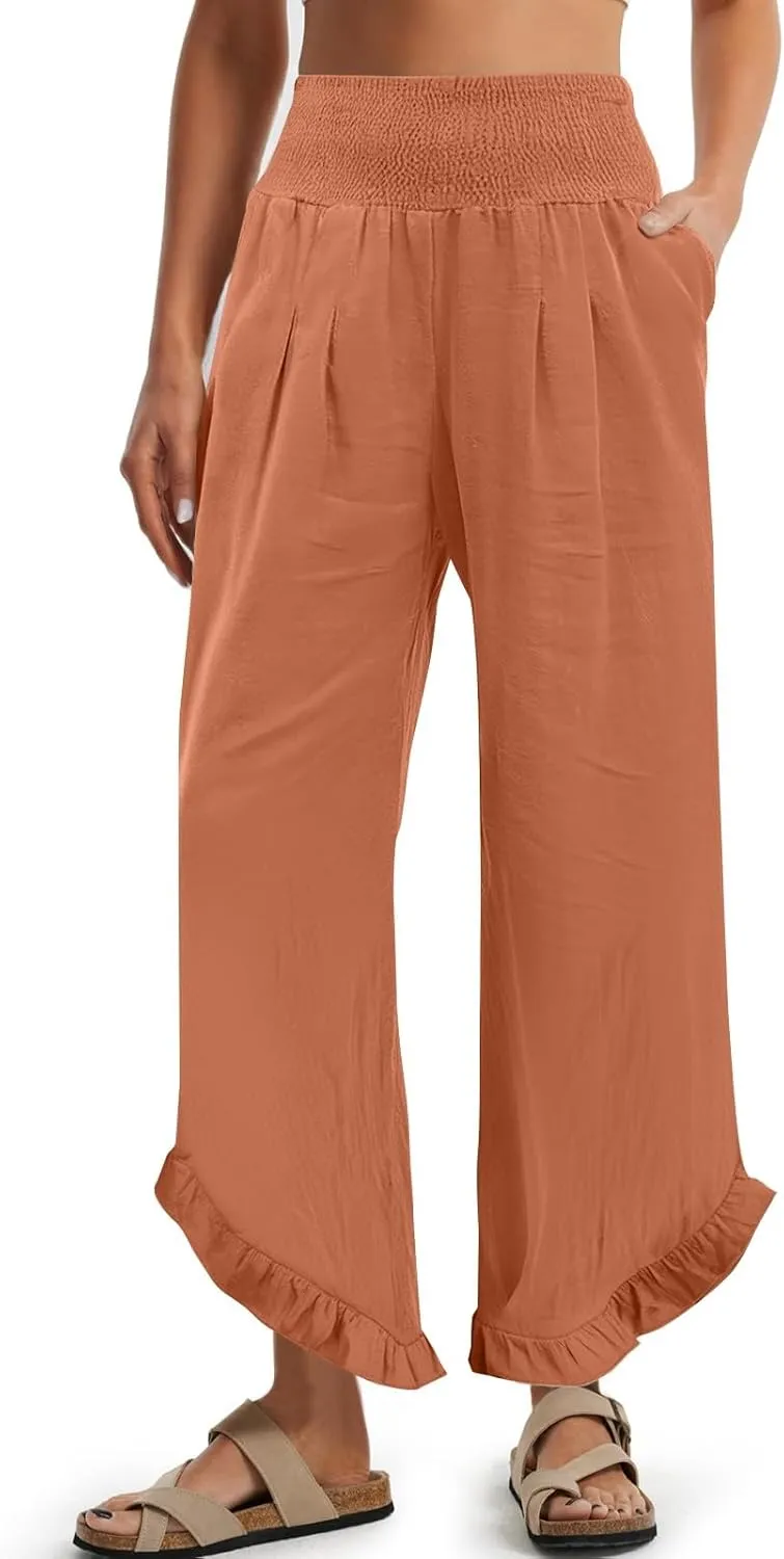 Womens Palazzo Linen Pants Casual Smocked High Waisted Ruffle Hem Wide Leg Pants Summer Loose Beach Pant with Pockets