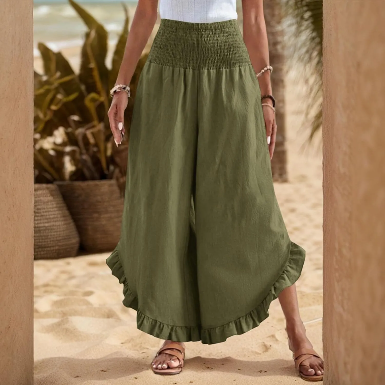 Womens Palazzo Pants Casual Summer Smocked Waisted Linen Pants Trendy Ruffle Hem Wide Leg Trousers Loose Beach Pant