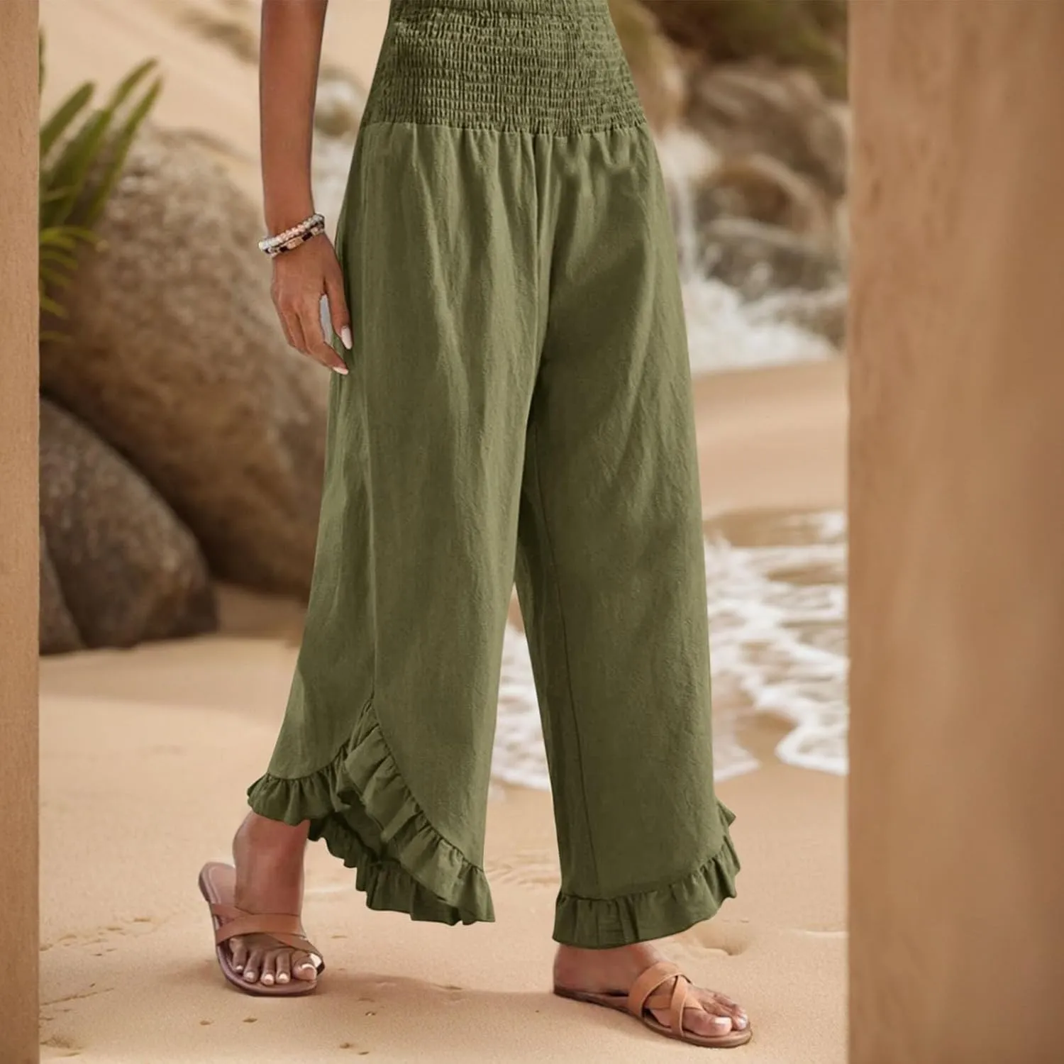 Womens Palazzo Pants Casual Summer Smocked Waisted Linen Pants Trendy Ruffle Hem Wide Leg Trousers Loose Beach Pant