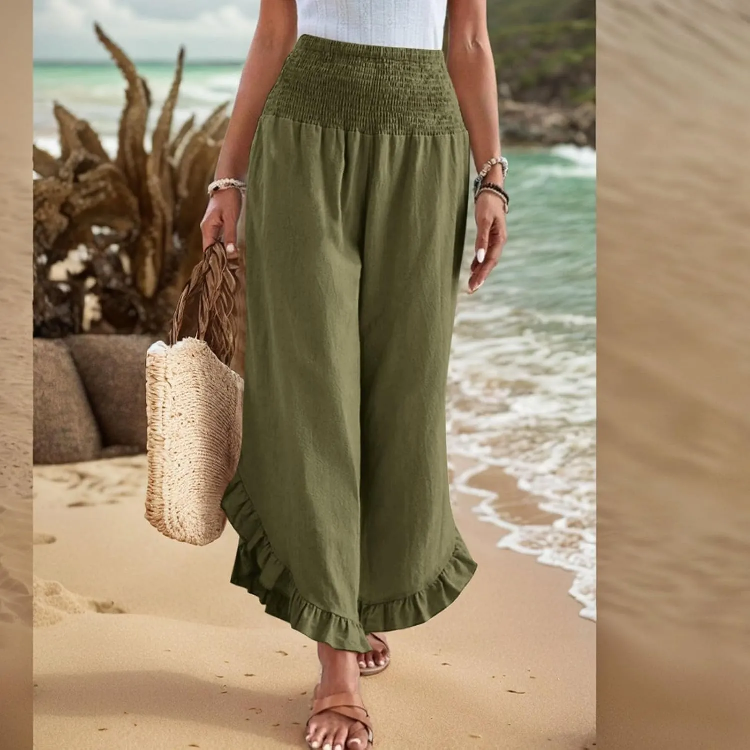 Womens Palazzo Pants Casual Summer Smocked Waisted Linen Pants Trendy Ruffle Hem Wide Leg Trousers Loose Beach Pant