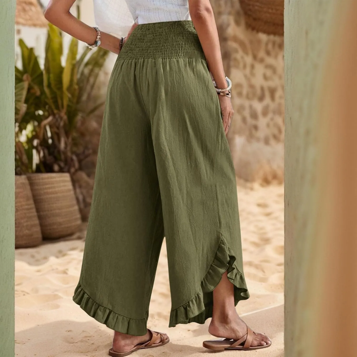 Womens Palazzo Pants Casual Summer Smocked Waisted Linen Pants Trendy Ruffle Hem Wide Leg Trousers Loose Beach Pant