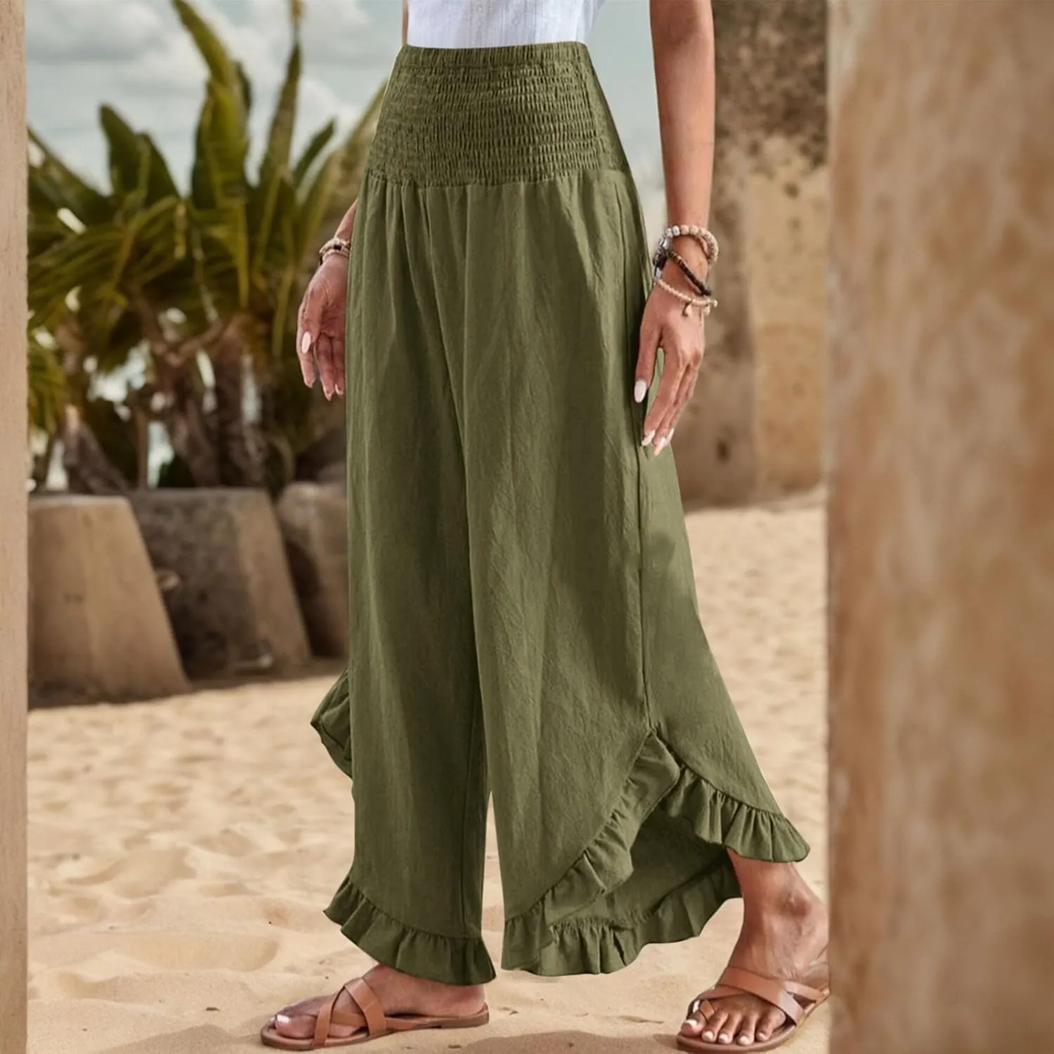 Womens Palazzo Pants Casual Summer Smocked Waisted Linen Pants Trendy Ruffle Hem Wide Leg Trousers Loose Beach Pant