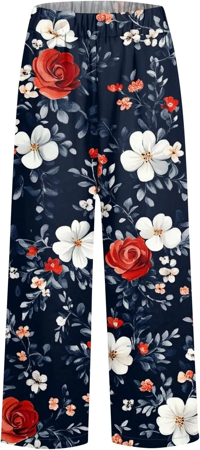 Womens Pants Boho Floral Linen Pants Elastic Waisted Casual Cotton Linen Drawstring Summer Beach Vacation Trouser