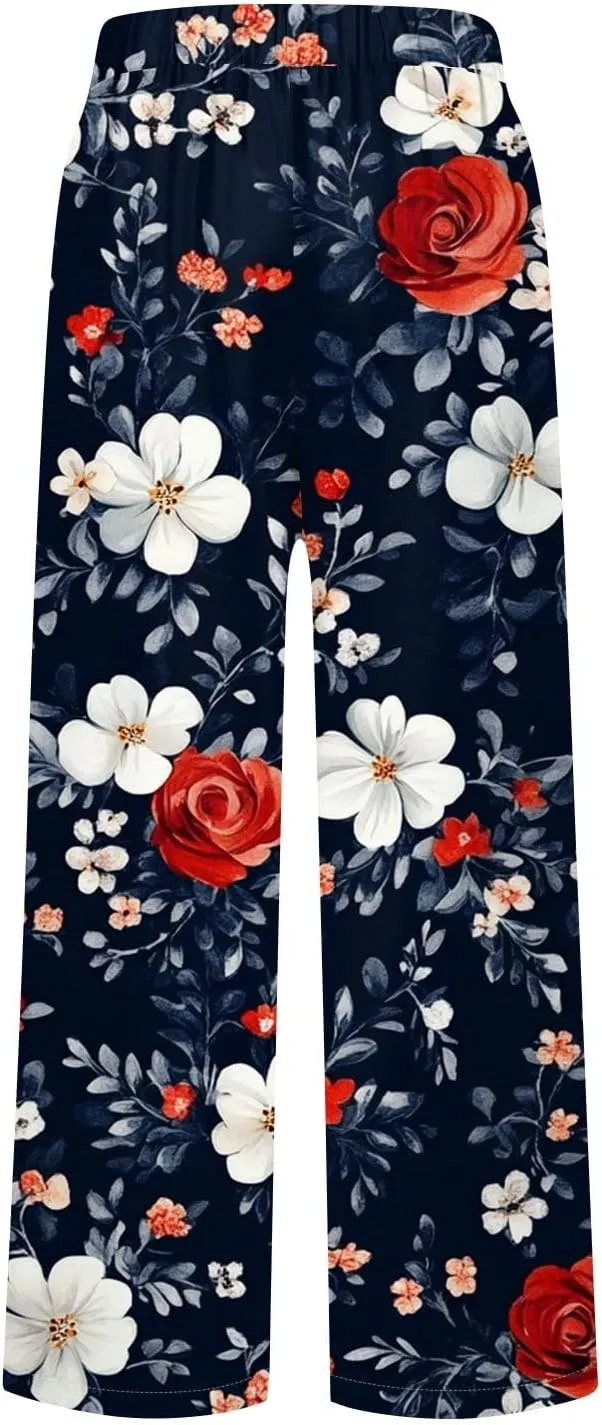 Womens Pants Boho Floral Linen Pants Elastic Waisted Casual Cotton Linen Drawstring Summer Beach Vacation Trouser