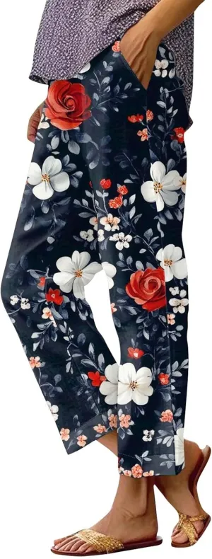 Womens Pants Boho Floral Linen Pants Elastic Waisted Casual Cotton Linen Drawstring Summer Beach Vacation Trouser