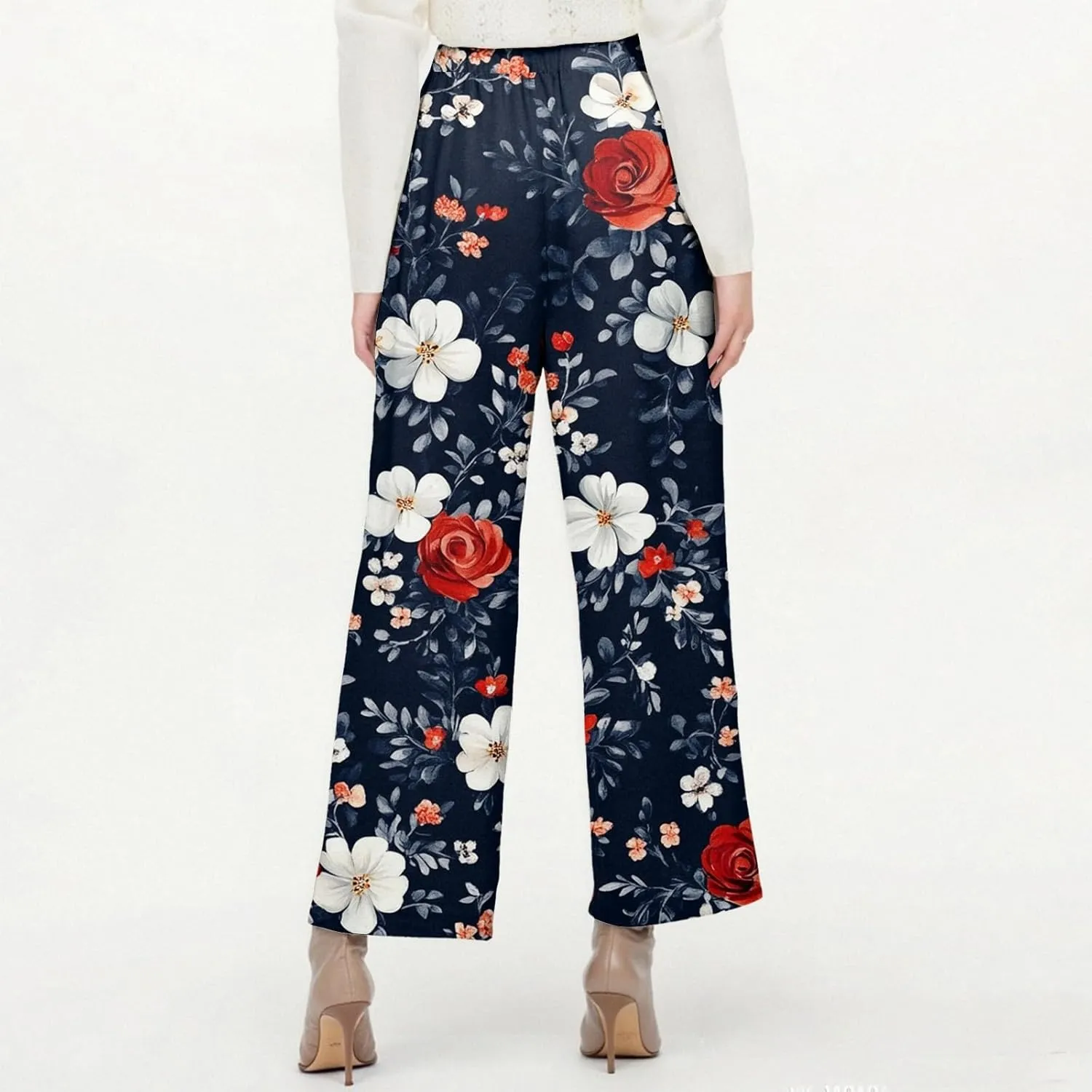 Womens Pants Boho Floral Linen Pants Elastic Waisted Casual Cotton Linen Drawstring Summer Beach Vacation Trouser
