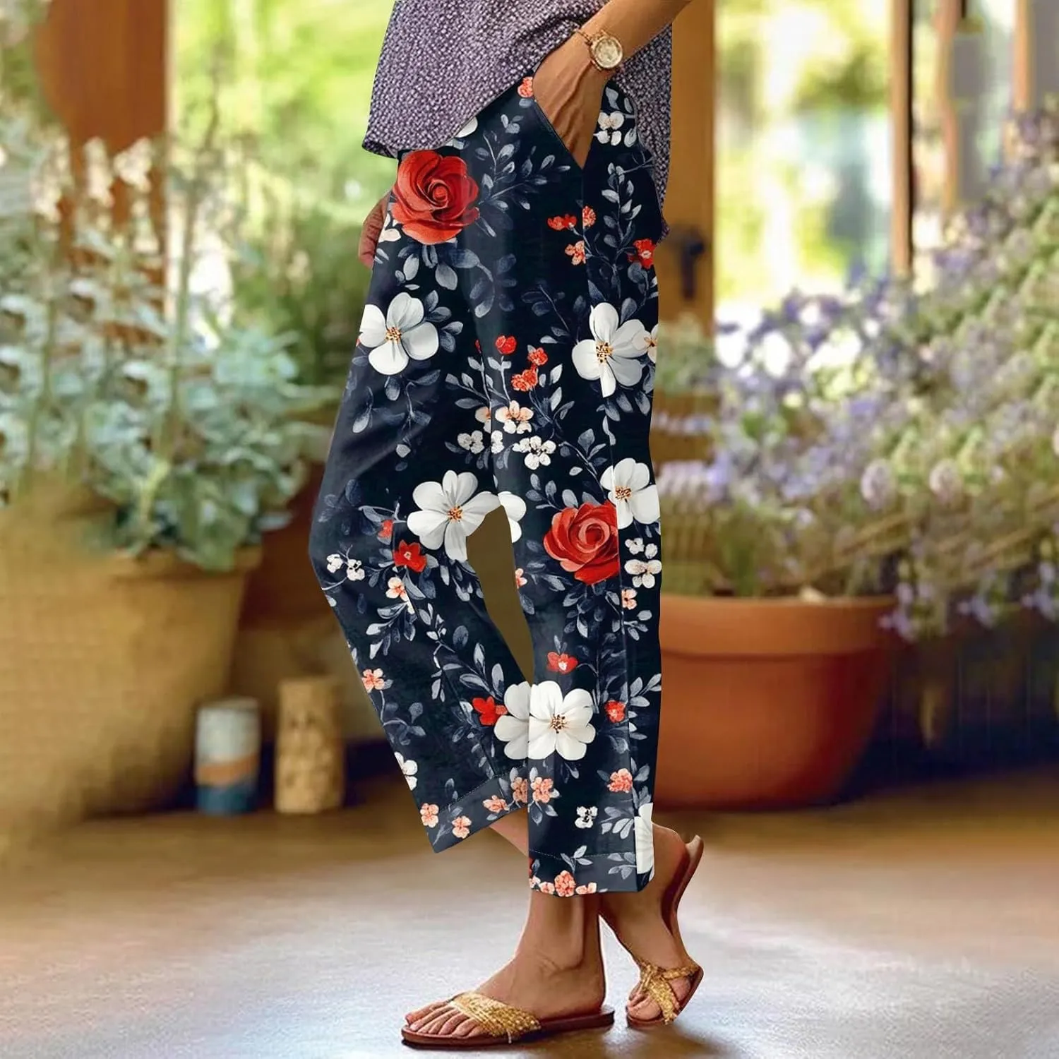 Womens Pants Boho Floral Linen Pants Elastic Waisted Casual Cotton Linen Drawstring Summer Beach Vacation Trouser