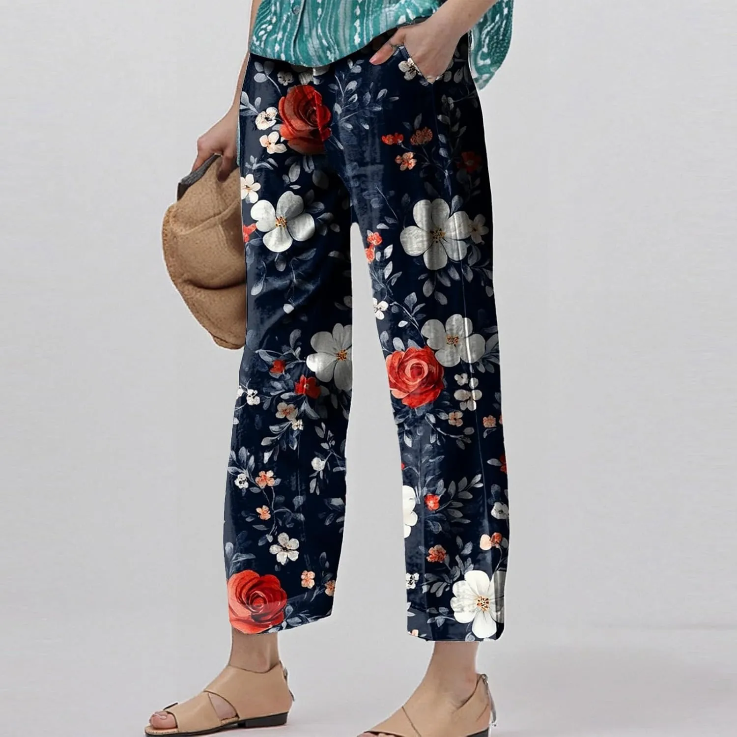 Womens Pants Boho Floral Linen Pants Elastic Waisted Casual Cotton Linen Drawstring Summer Beach Vacation Trouser