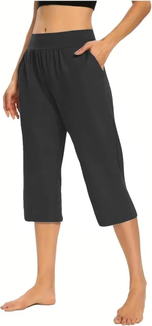 Women's Pants, High Waist Capri Pants with Pockets Wide Leg Cropped Casual