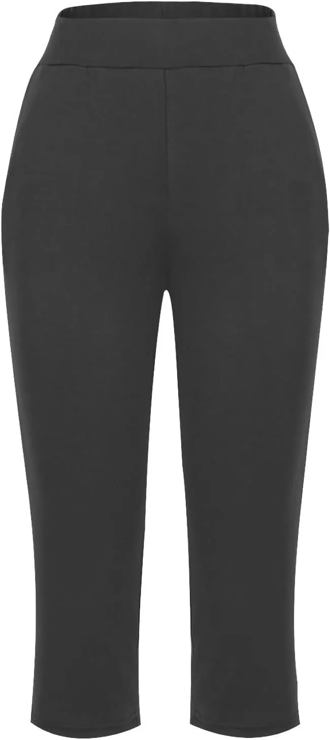 Women's Pants, High Waist Capri Pants with Pockets Wide Leg Cropped Casual