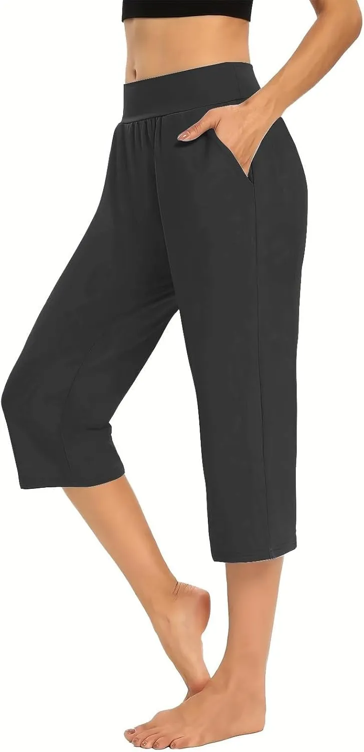 Women's Pants, High Waist Capri Pants with Pockets Wide Leg Cropped Casual