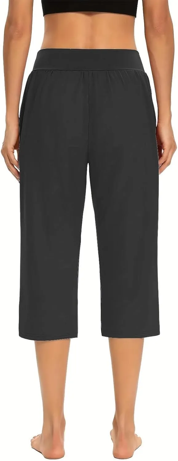 Women's Pants, High Waist Capri Pants with Pockets Wide Leg Cropped Casual