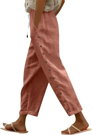 Womens Pants, Straight Leg Linen Casual Pants Print Peasant Elastic Waisted Cotton