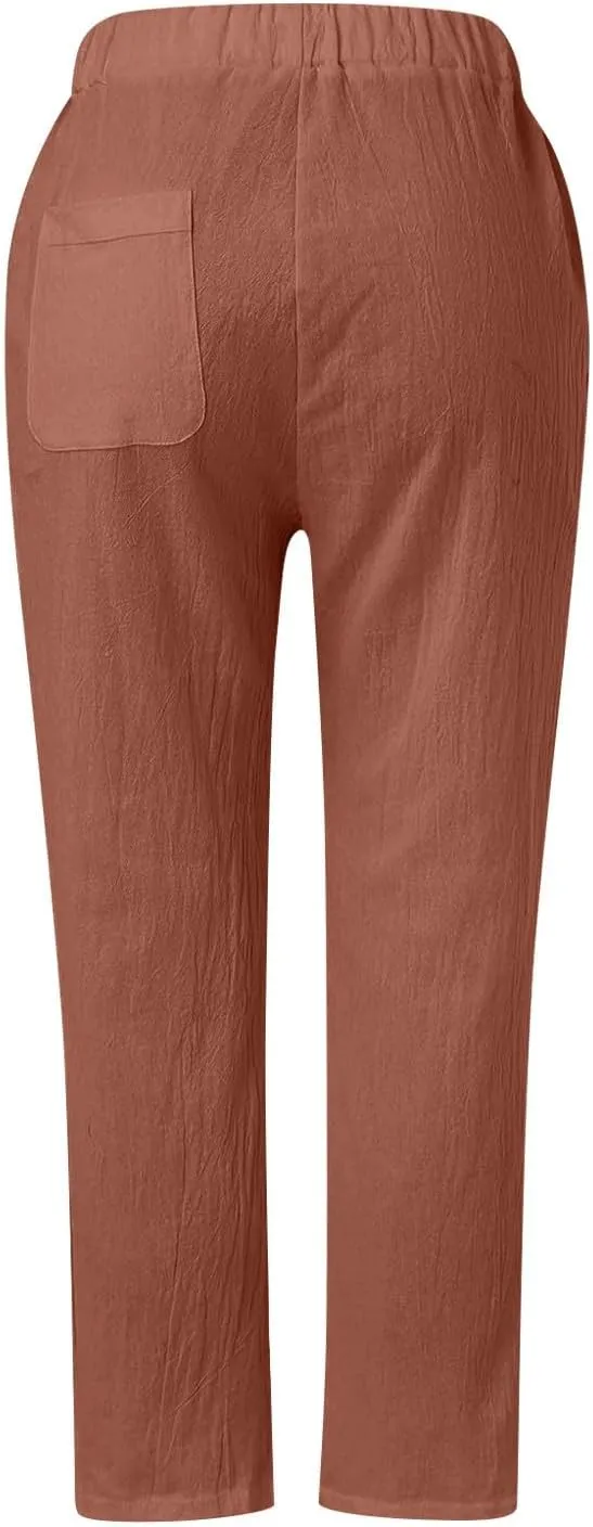 Womens Pants, Straight Leg Linen Casual Pants Print Peasant Elastic Waisted Cotton