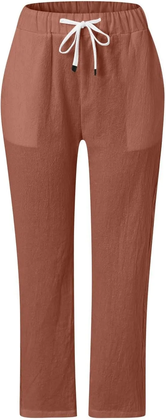 Womens Pants, Straight Leg Linen Casual Pants Print Peasant Elastic Waisted Cotton