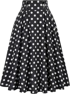 Women's Polka Dots Print Skirts Trendy Casual High Waist Elastic Midi Skirt Loose Soft Flowy Pleated Hem Long Skirt
