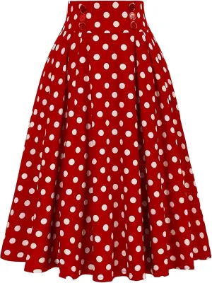 Women's Polka Dots Print Skirts Trendy Casual High Waist Elastic Midi Skirt Loose Soft Flowy Pleated Hem Long Skirt