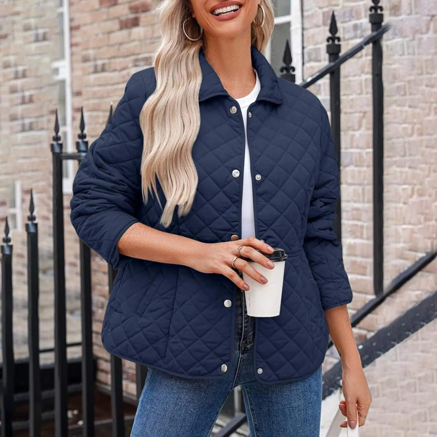 Women's Puffer Jacket Long Sleeve Button Down Lapel Quilted Coats Casual Lightweight Outwear Jacket With Pockets