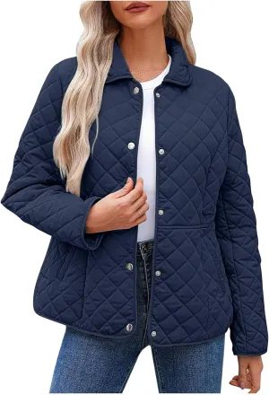 Women's Puffer Jacket Long Sleeve Button Down Lapel Quilted Coats Casual Lightweight Outwear Jacket With Pockets