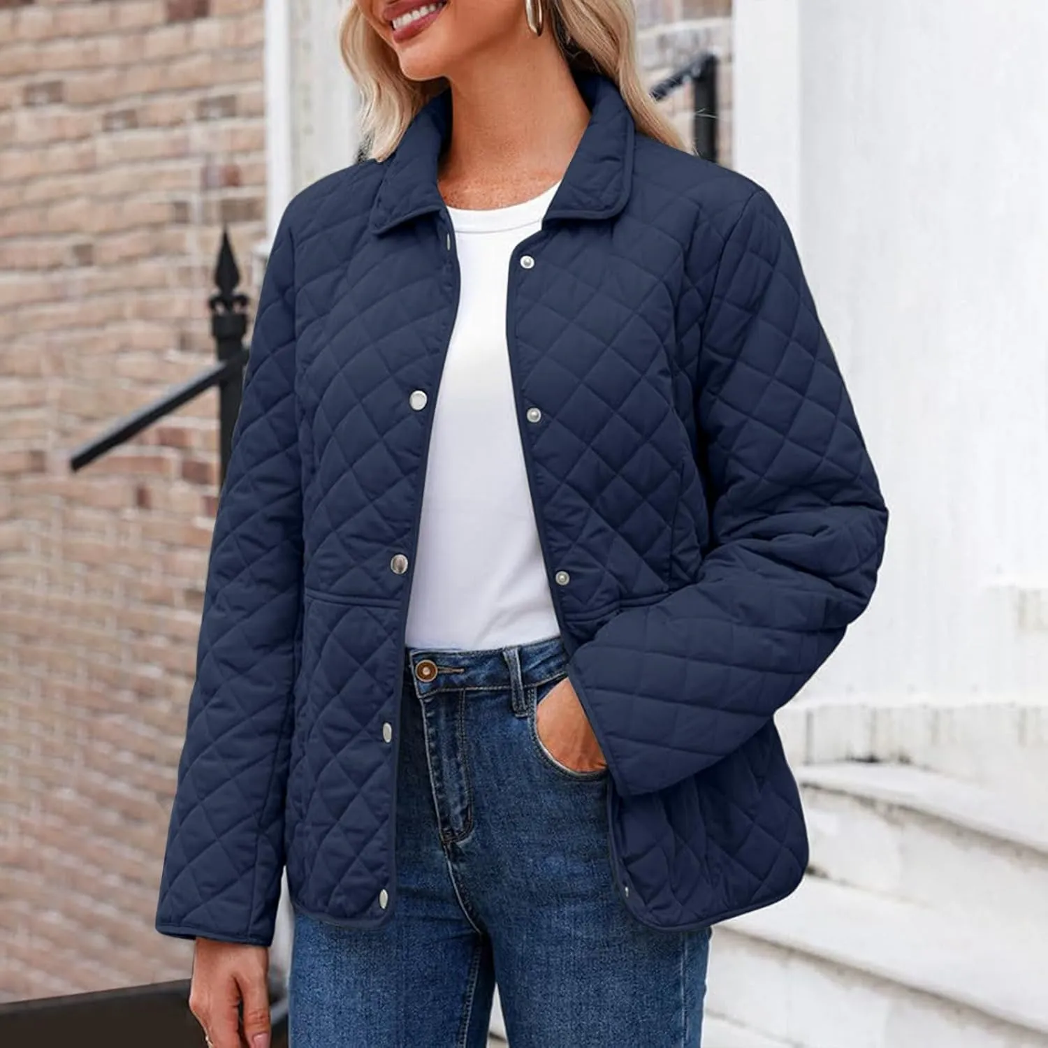 Women's Puffer Jacket Long Sleeve Button Down Lapel Quilted Coats Casual Lightweight Outwear Jacket With Pockets