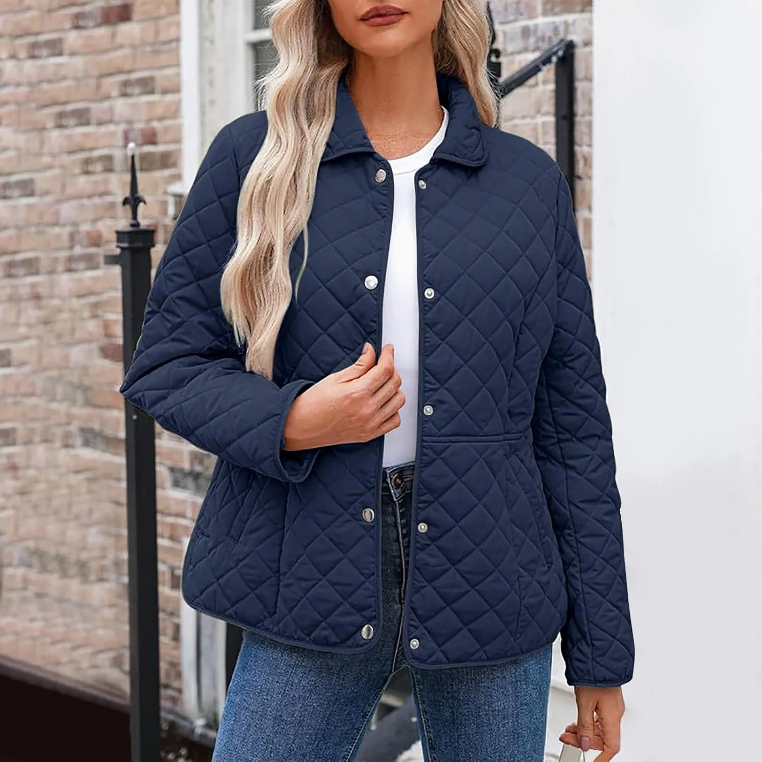 Women's Puffer Jacket Long Sleeve Button Down Lapel Quilted Coats Casual Lightweight Outwear Jacket With Pockets