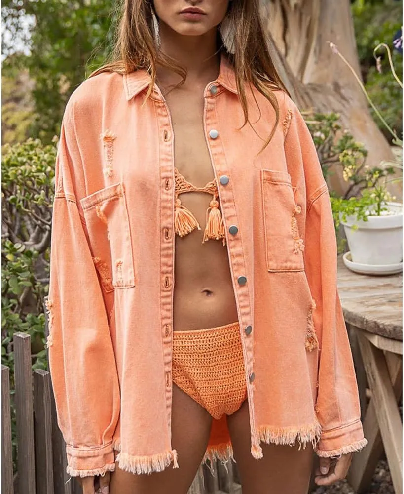 Women's Ripped Distressed Jean Jacket Vintage Oversized Frayed Washed Denim Jacket Boyfriend Western Shacket Coat