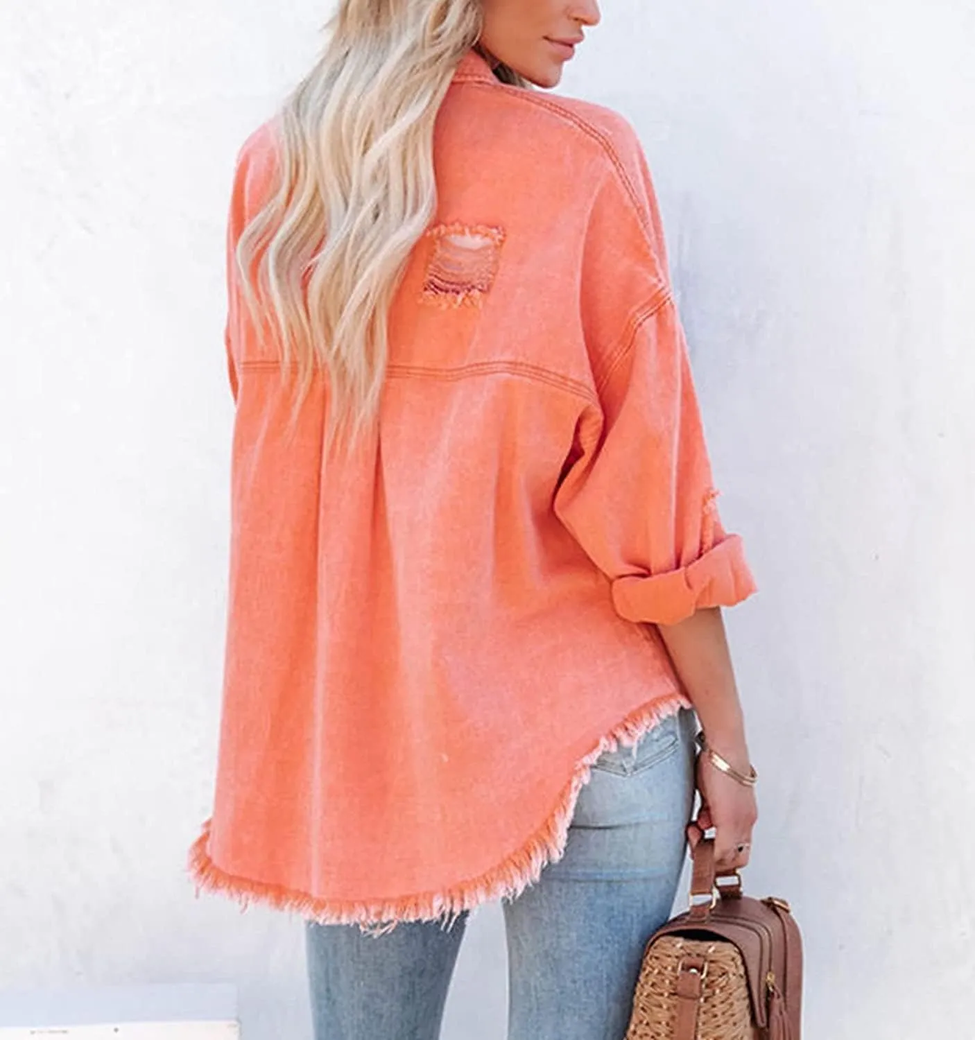 Women's Ripped Distressed Jean Jacket Vintage Oversized Frayed Washed Denim Jacket Boyfriend Western Shacket Coat