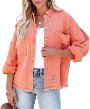 Women's Ripped Distressed Jean Jacket Vintage Oversized Frayed Washed Denim Jacket Boyfriend Western Shacket Coat