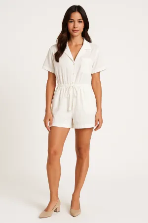 Womens Romper  Cotton Blend  Relaxed Fit  Drawstring Waist  Button Front  Short Sleeve